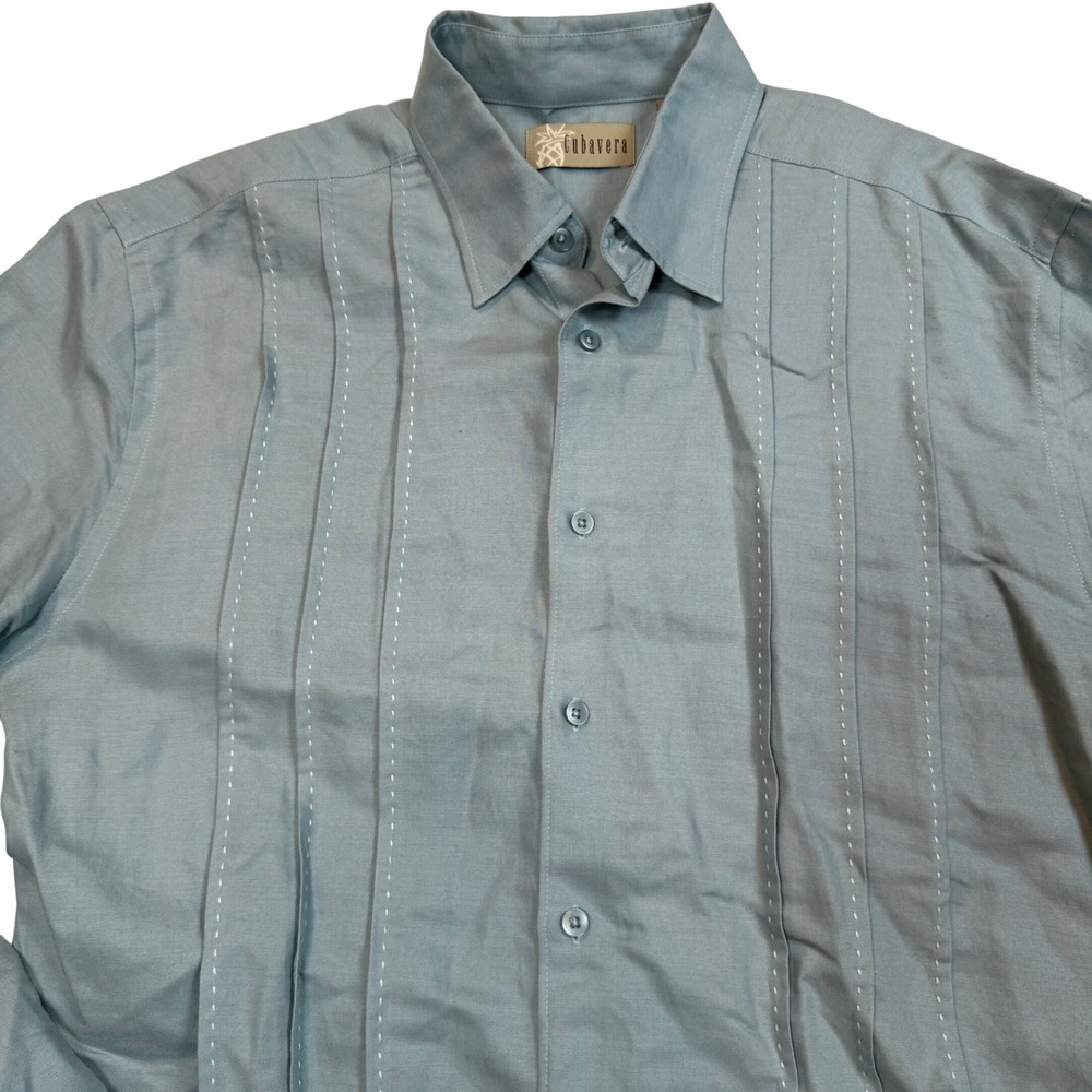 Cubavera Mens Long Sleeve Guayabera Shirt Blue Green Pintuck Pineapple Logo L